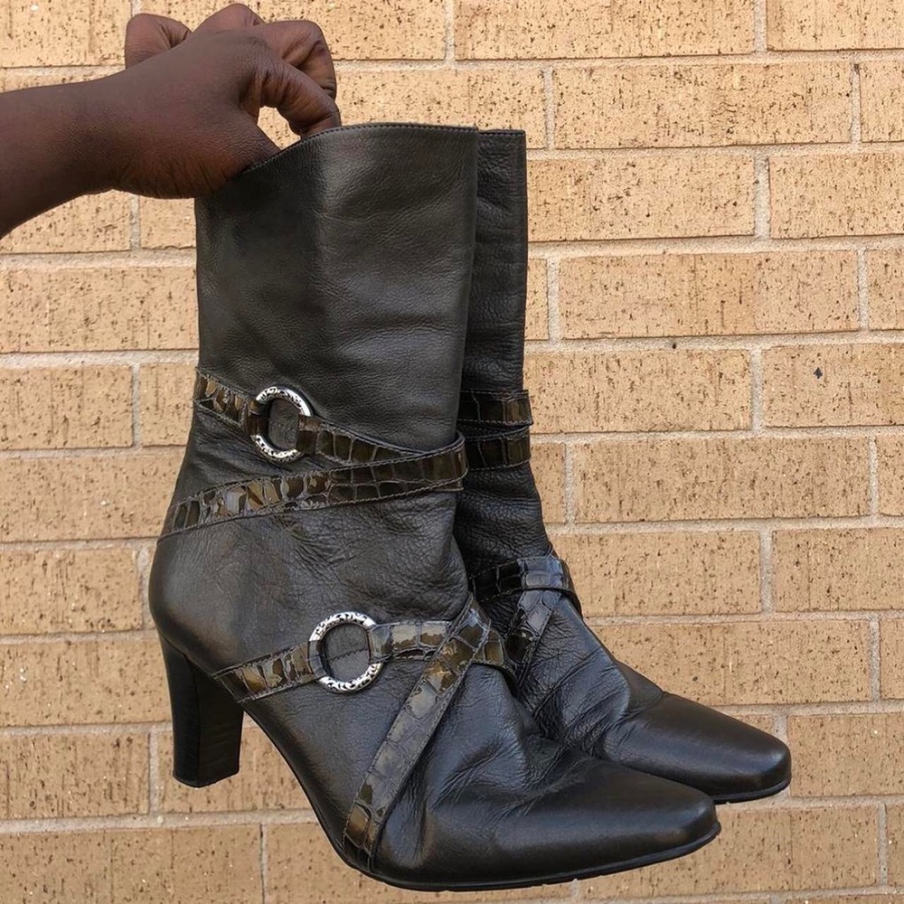 Brighton Y2K Whimsygoth Harness Grunge Pointed Toe Leather Ankle Mid Calf Boots